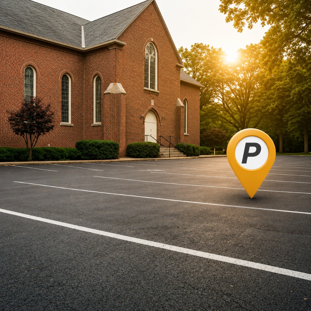 A church parking lot with a parking spot marker