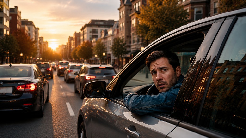 A driver stuck in city traffic at sunset, looking out the car window